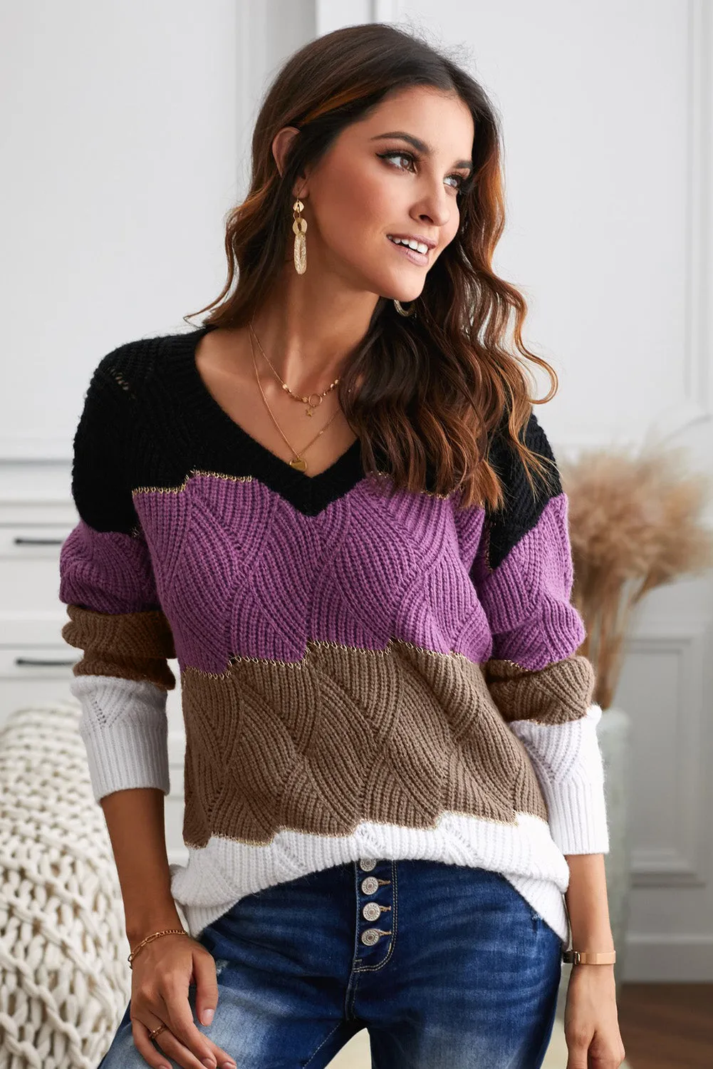 Black Color Block Textured Knit Sweater