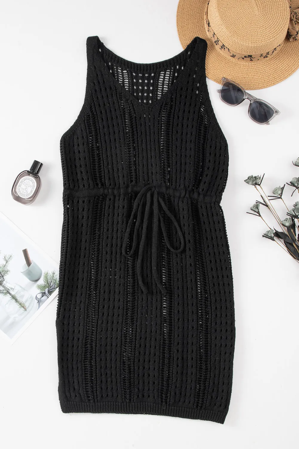 Black Crochet Hollow-out Sleeveless Beach Dress