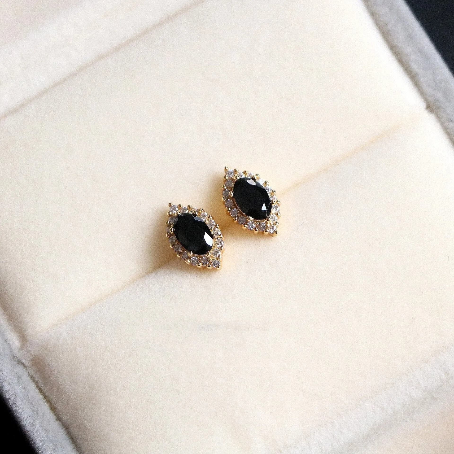 Black French Agate Stud Earrings - 925 Sterling Silver