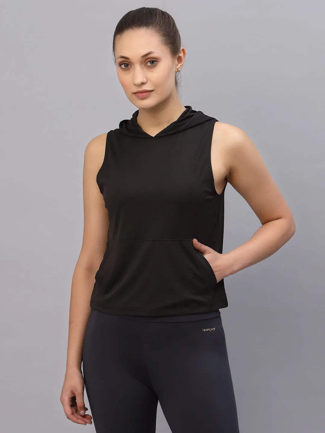 Black Hooded With Kangaroo Pocket Sleeveless Activewear Top