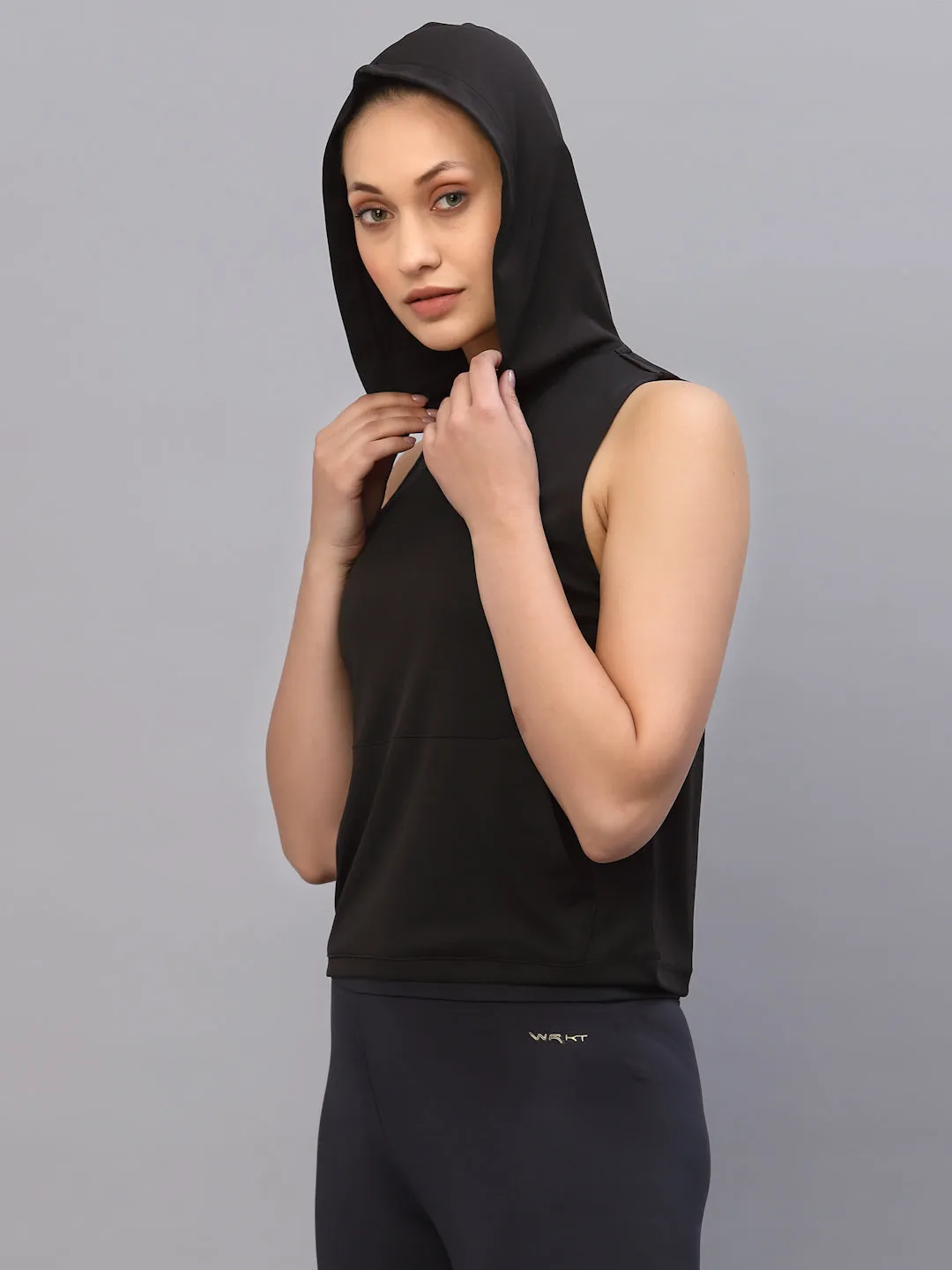 Black Hooded With Kangaroo Pocket Sleeveless Activewear Top