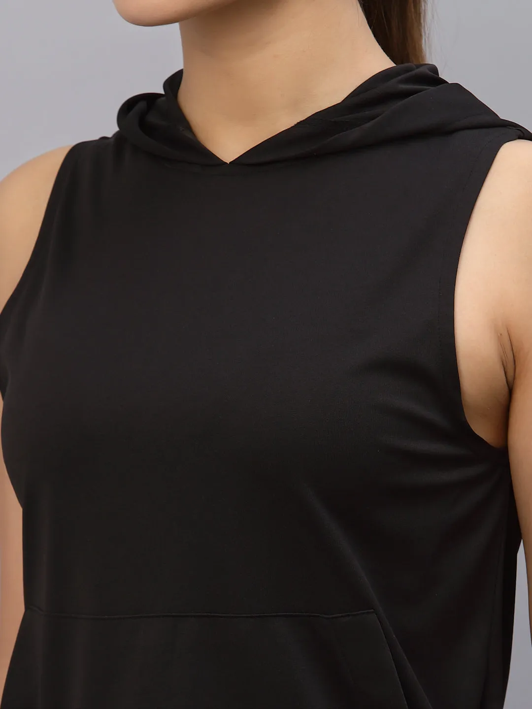 Black Hooded With Kangaroo Pocket Sleeveless Activewear Top