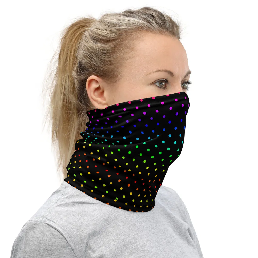 Black Rainbow Dots Neck Gaiter, Washable Bandana Face Mask Covering-Made in USA/EU