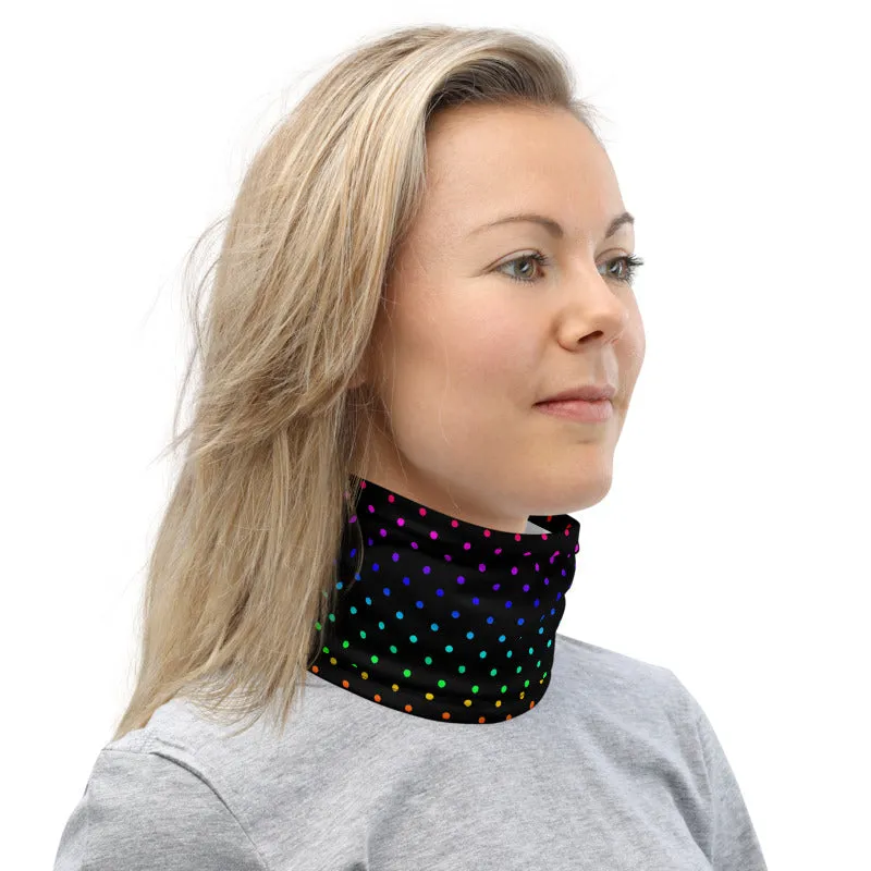 Black Rainbow Dots Neck Gaiter, Washable Bandana Face Mask Covering-Made in USA/EU