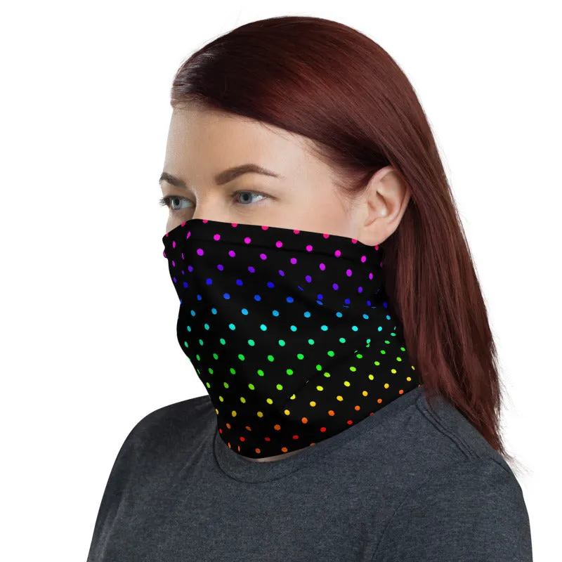 Black Rainbow Dots Neck Gaiter, Washable Bandana Face Mask Covering-Made in USA/EU