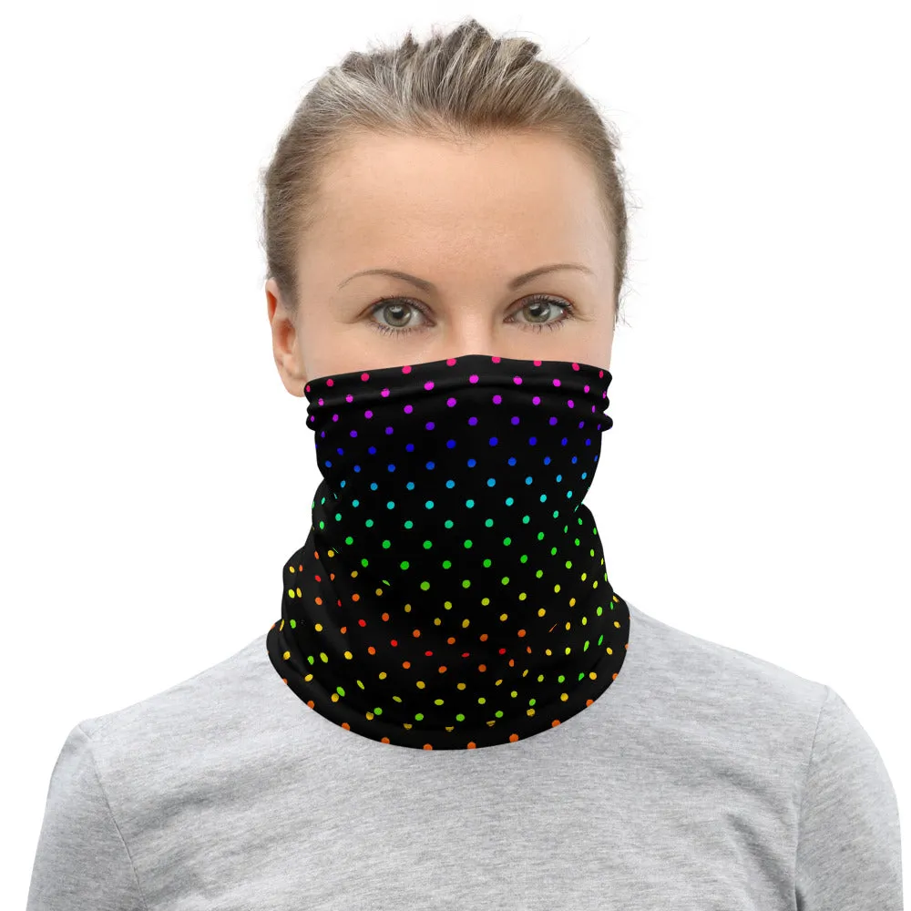 Black Rainbow Dots Neck Gaiter, Washable Bandana Face Mask Covering-Made in USA/EU