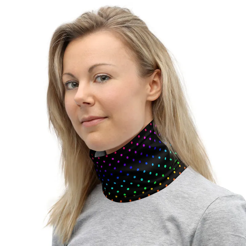 Black Rainbow Dots Neck Gaiter, Washable Bandana Face Mask Covering-Made in USA/EU