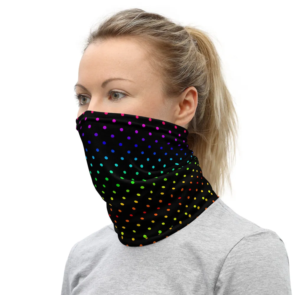 Black Rainbow Dots Neck Gaiter, Washable Bandana Face Mask Covering-Made in USA/EU