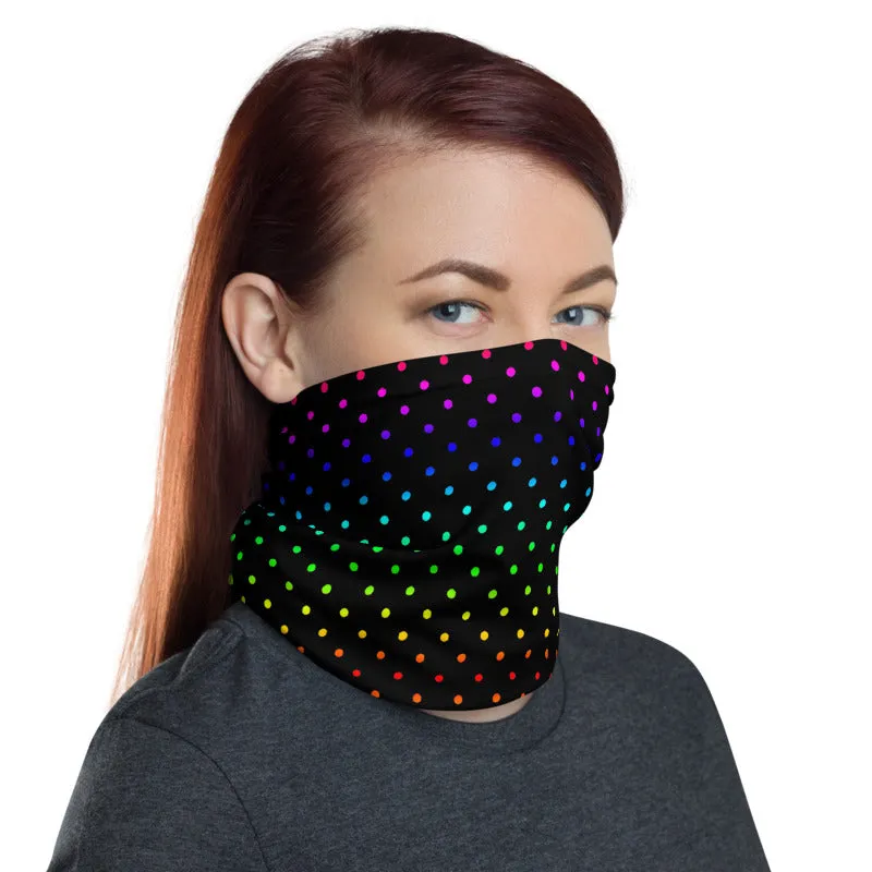 Black Rainbow Dots Neck Gaiter, Washable Bandana Face Mask Covering-Made in USA/EU