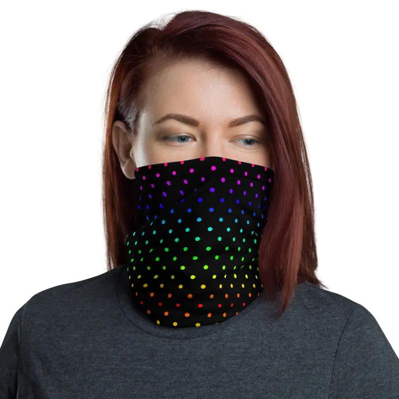 Black Rainbow Dots Neck Gaiter, Washable Bandana Face Mask Covering-Made in USA/EU