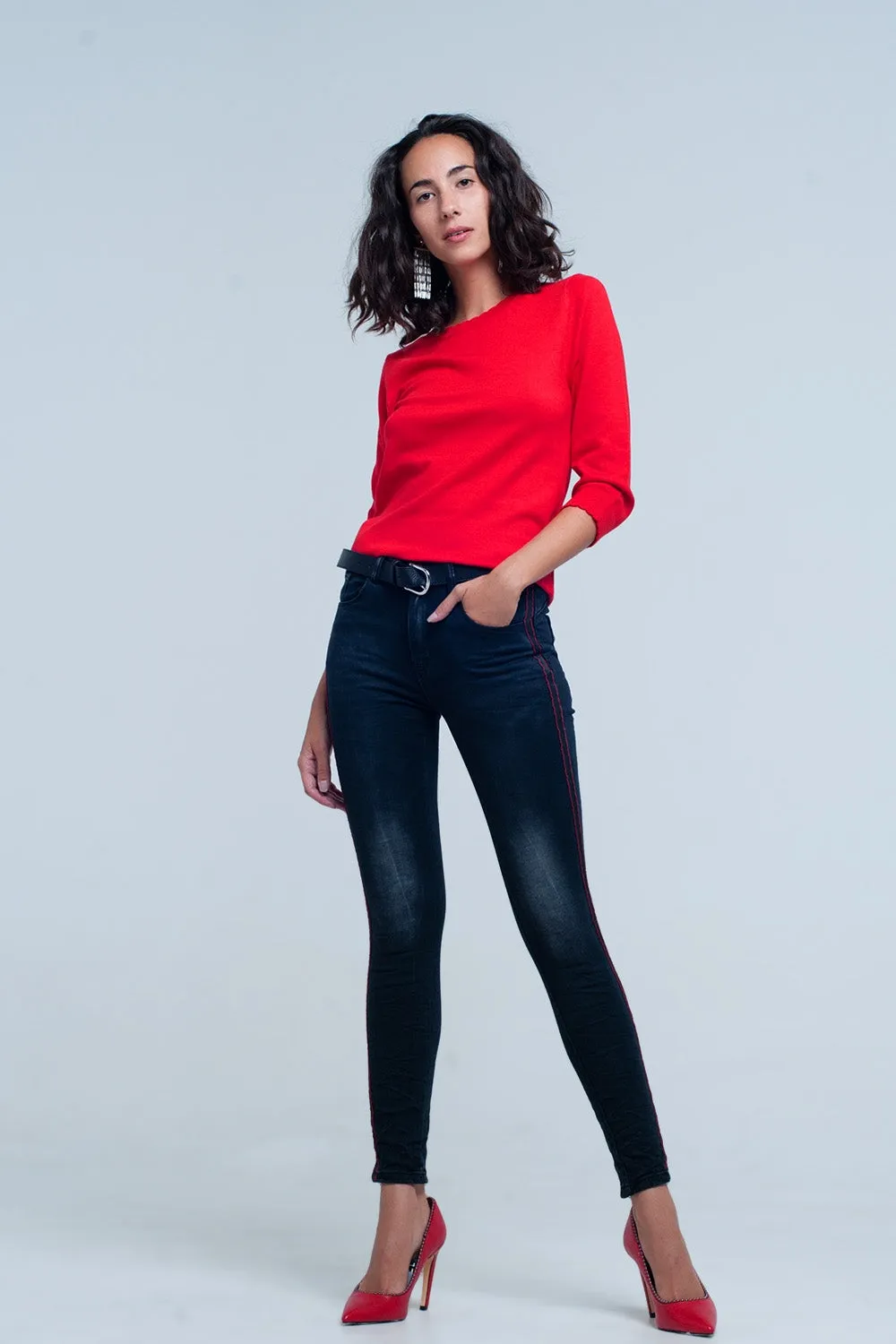 Black Skinny Leg Jeans with Side Stripe by Q2