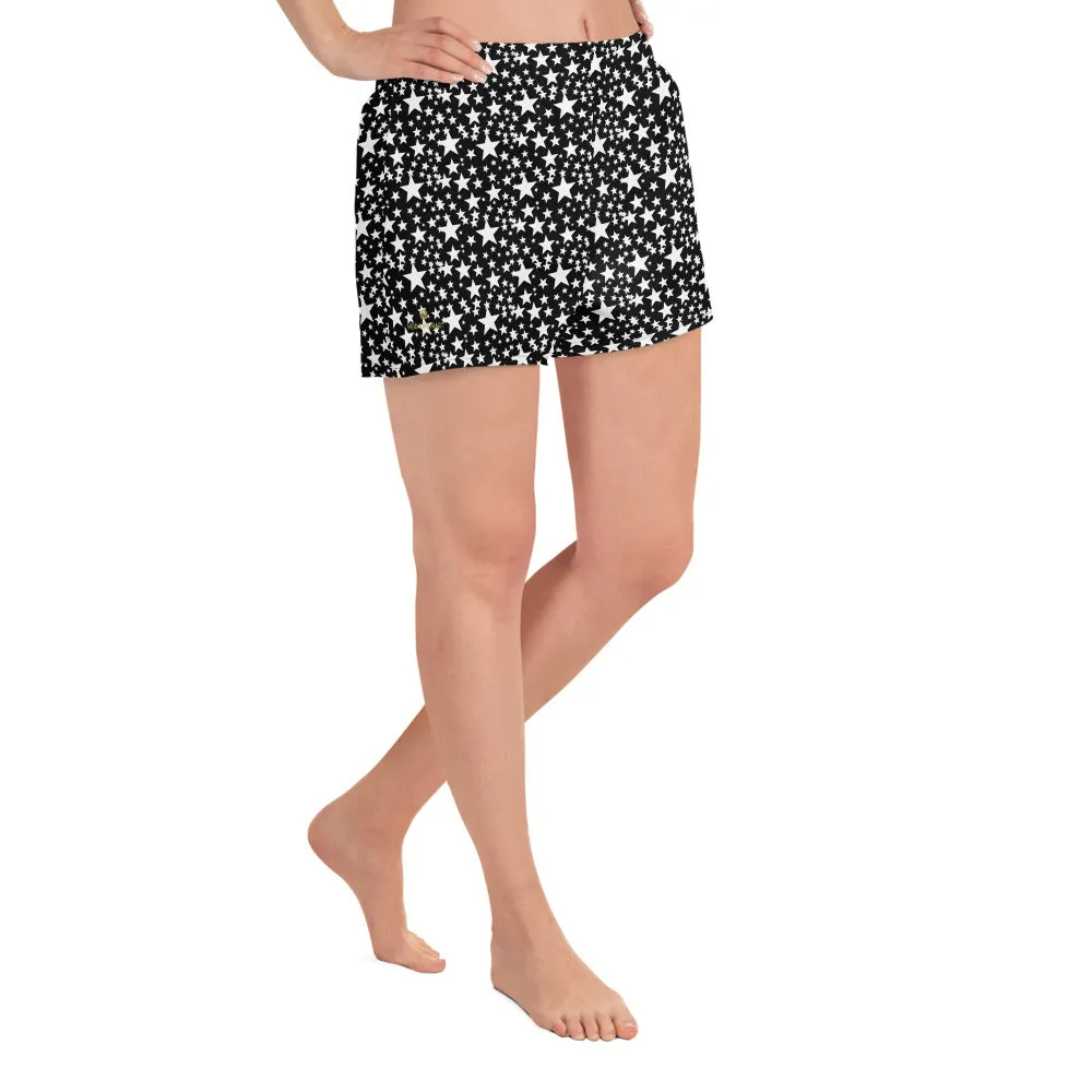 Black Star Women's Shorts, White Star Pattern Athletic Best Short Shorts- Made in USA/EU