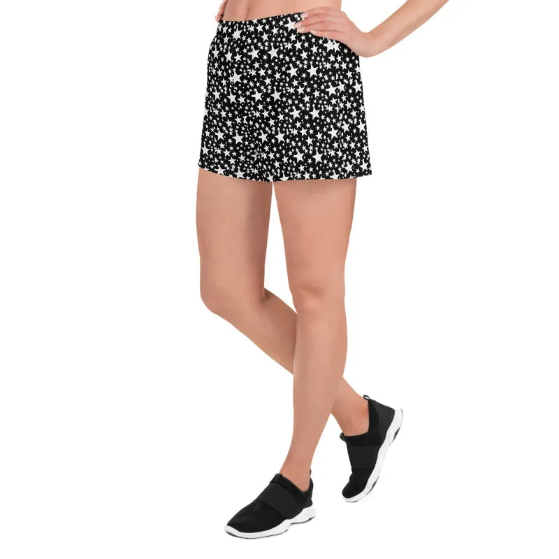 Black Star Women's Shorts, White Star Pattern Athletic Best Short Shorts- Made in USA/EU