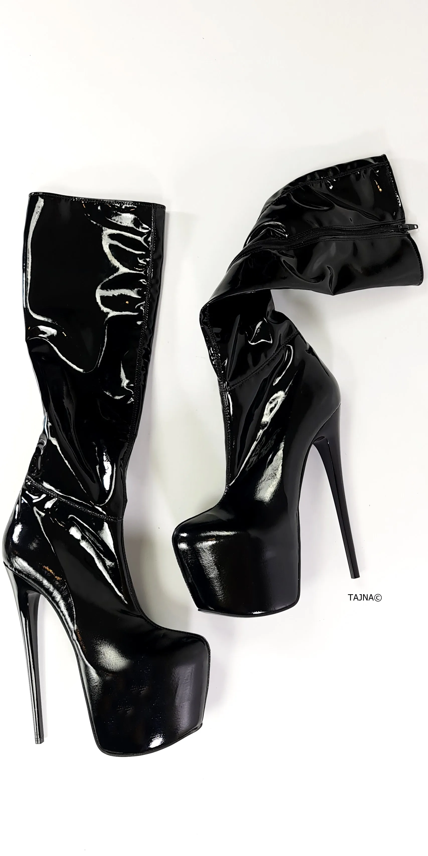 Black Stretch Gloss Mid Calf Boots