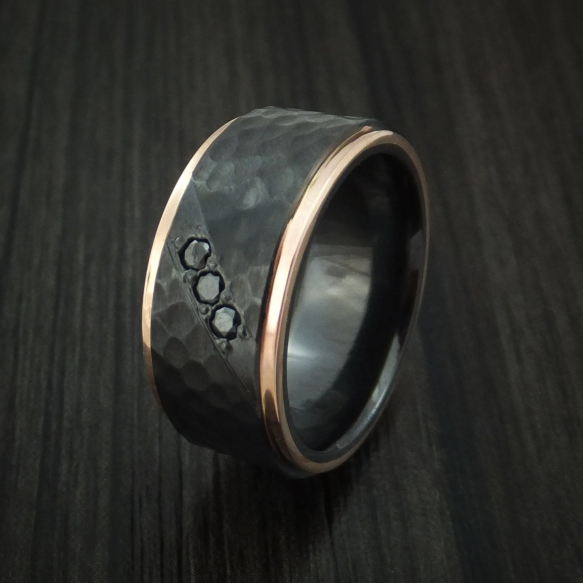 Black Titanium Hammered Men's Band with 14K Rose Gold Edges and Black Diamonds Custom Made