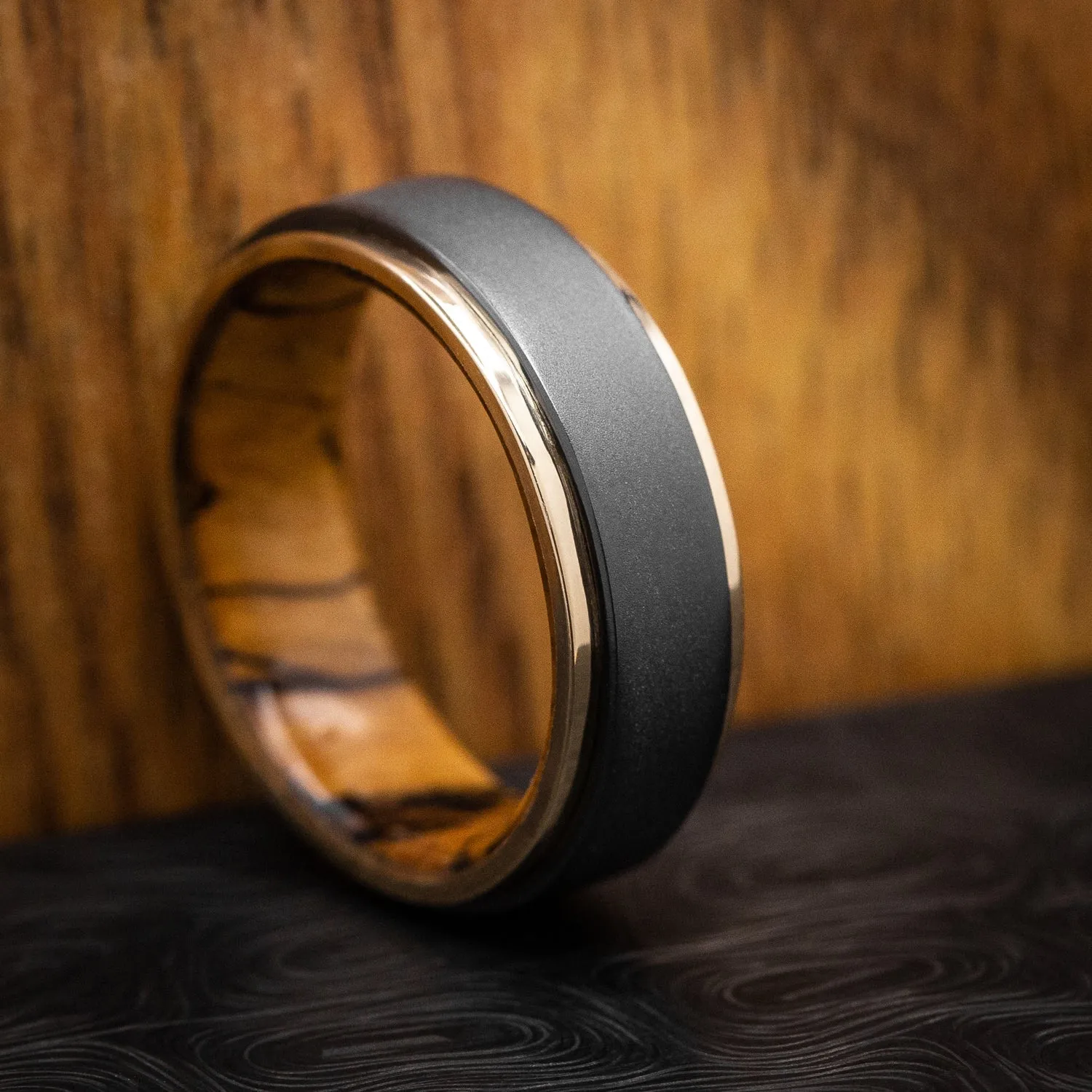 Black Titanium Men's Ring with 14K Gold Edges and Wood Sleeve Custom Made