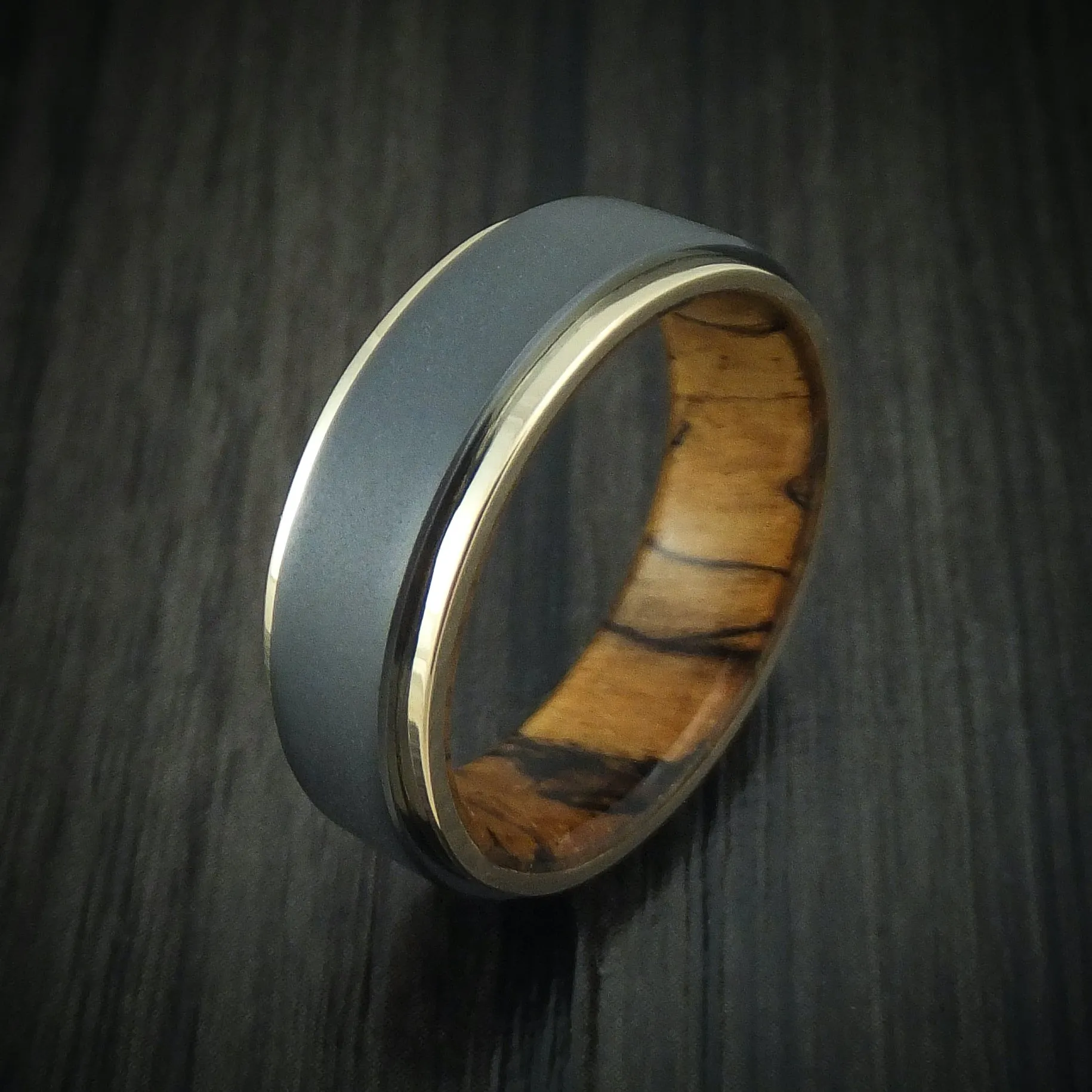 Black Titanium Men's Ring with 14K Gold Edges and Wood Sleeve Custom Made