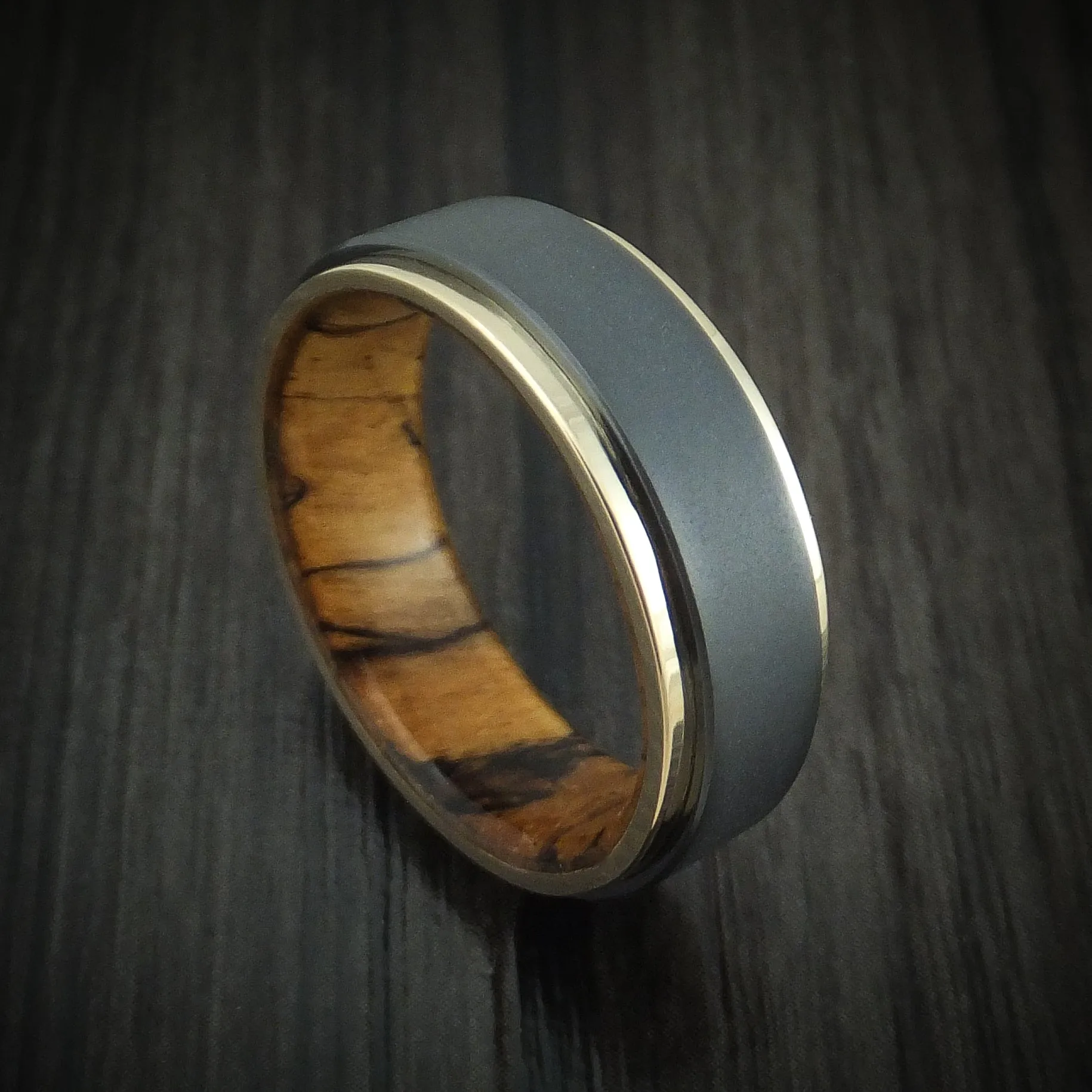 Black Titanium Men's Ring with 14K Gold Edges and Wood Sleeve Custom Made