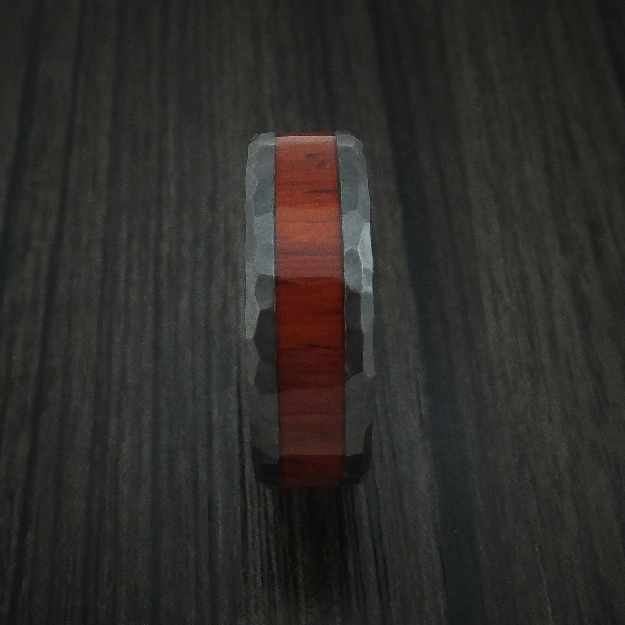 Black Titanium Rock Hammered Padauk Hard Wood Men's Ring Custom Made Band