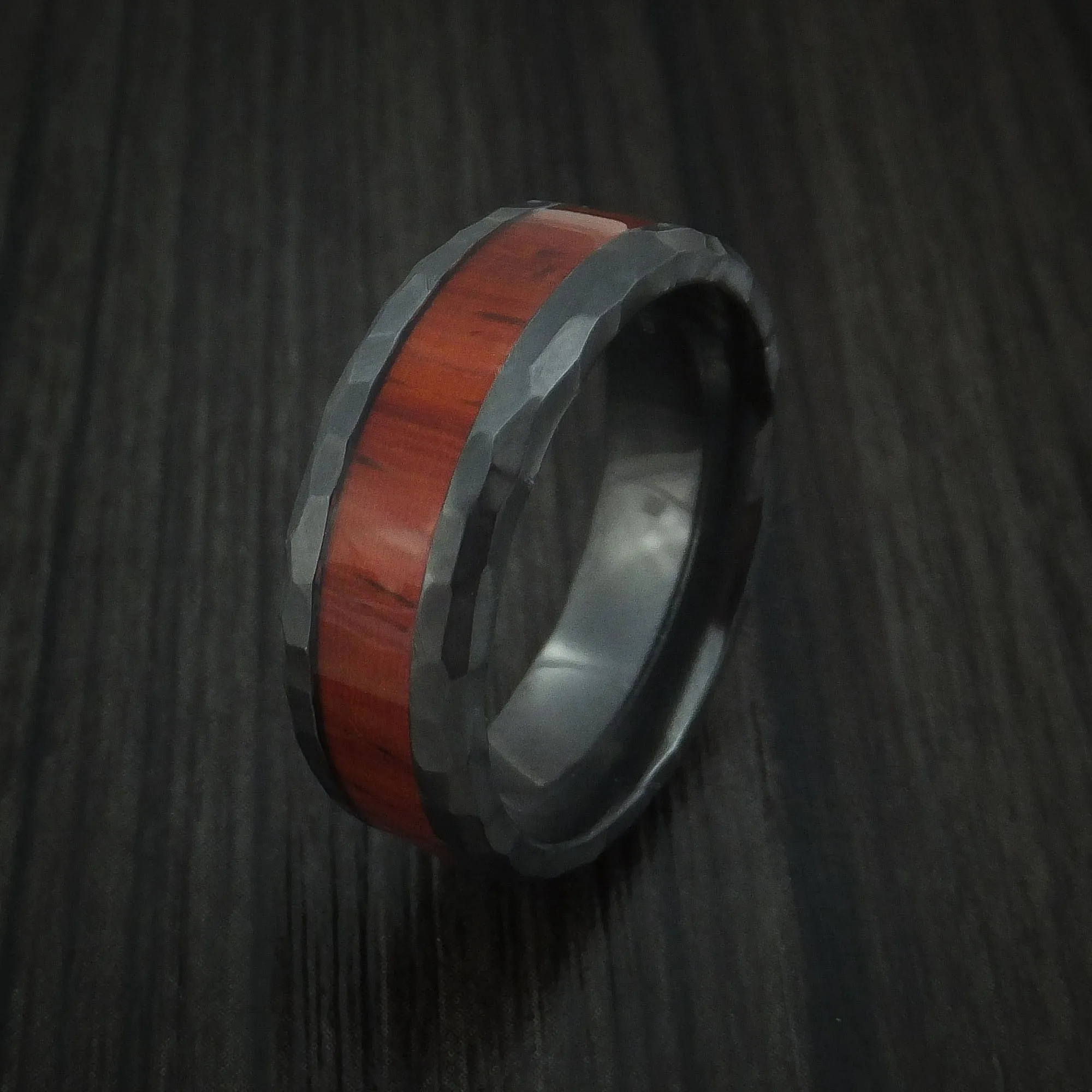 Black Titanium Rock Hammered Padauk Hard Wood Men's Ring Custom Made Band