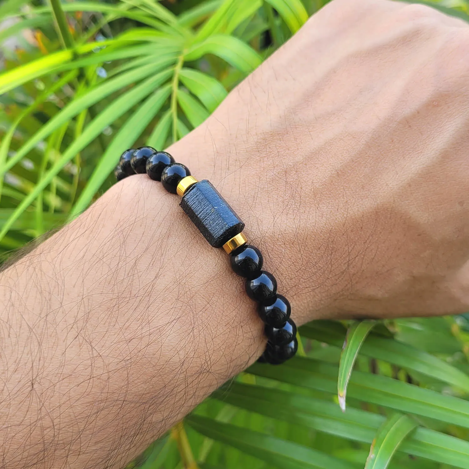 Black Tourmaline Matte Tumble Bracelet With Golden Hematite