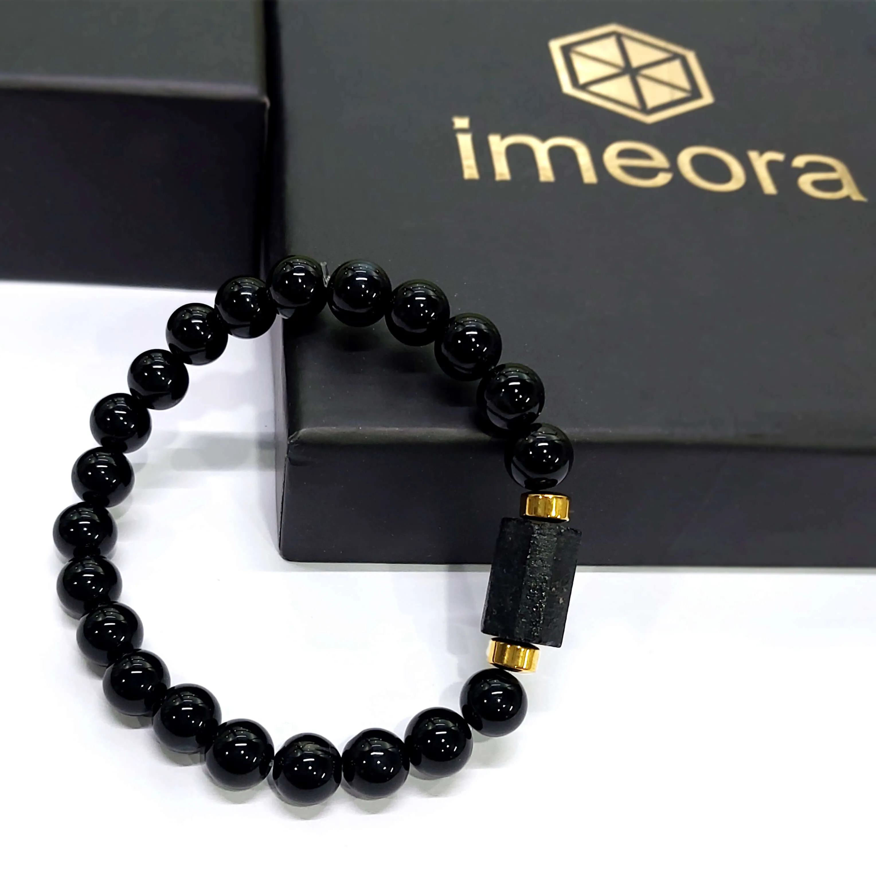 Black Tourmaline Matte Tumble Bracelet With Golden Hematite