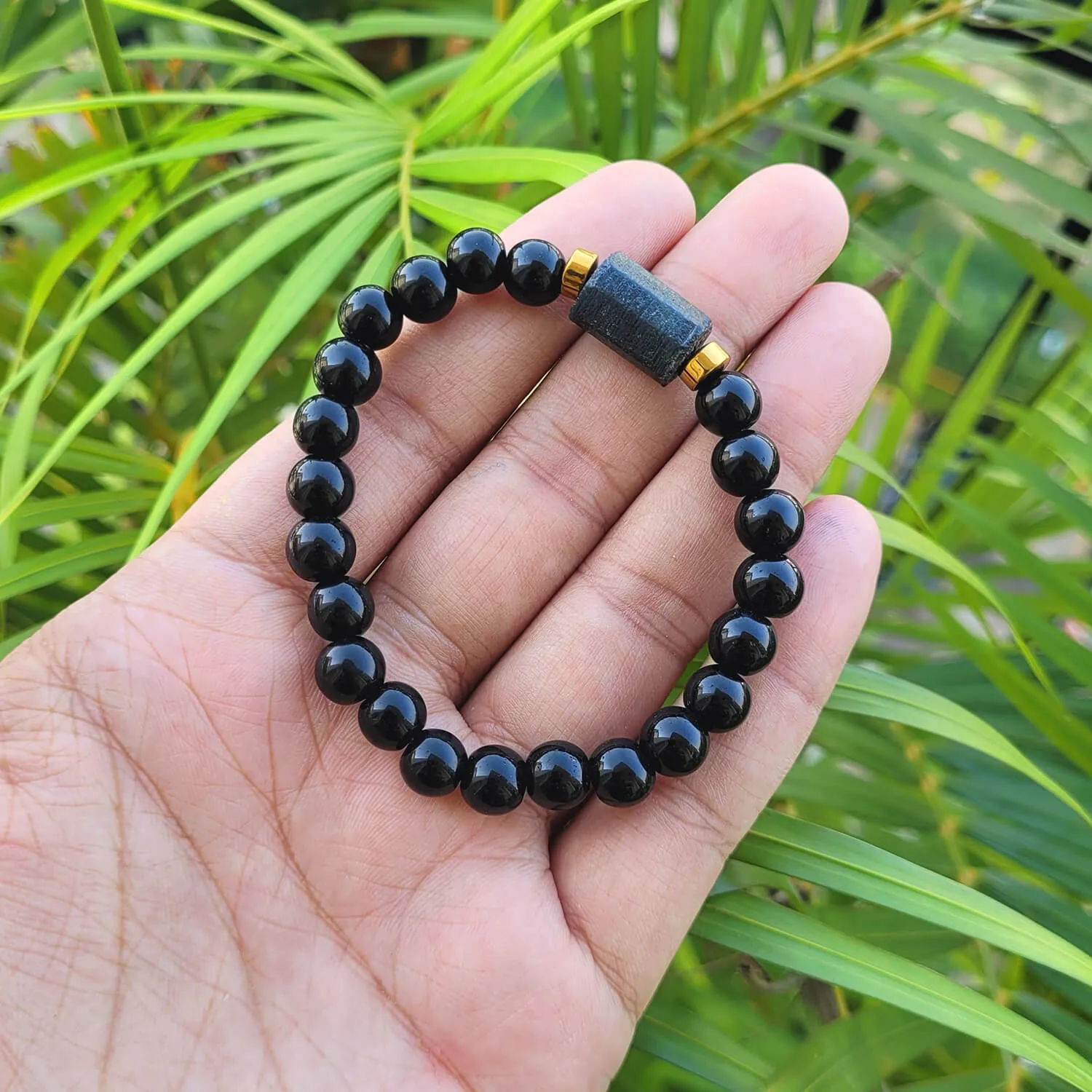 Black Tourmaline Matte Tumble Bracelet With Golden Hematite