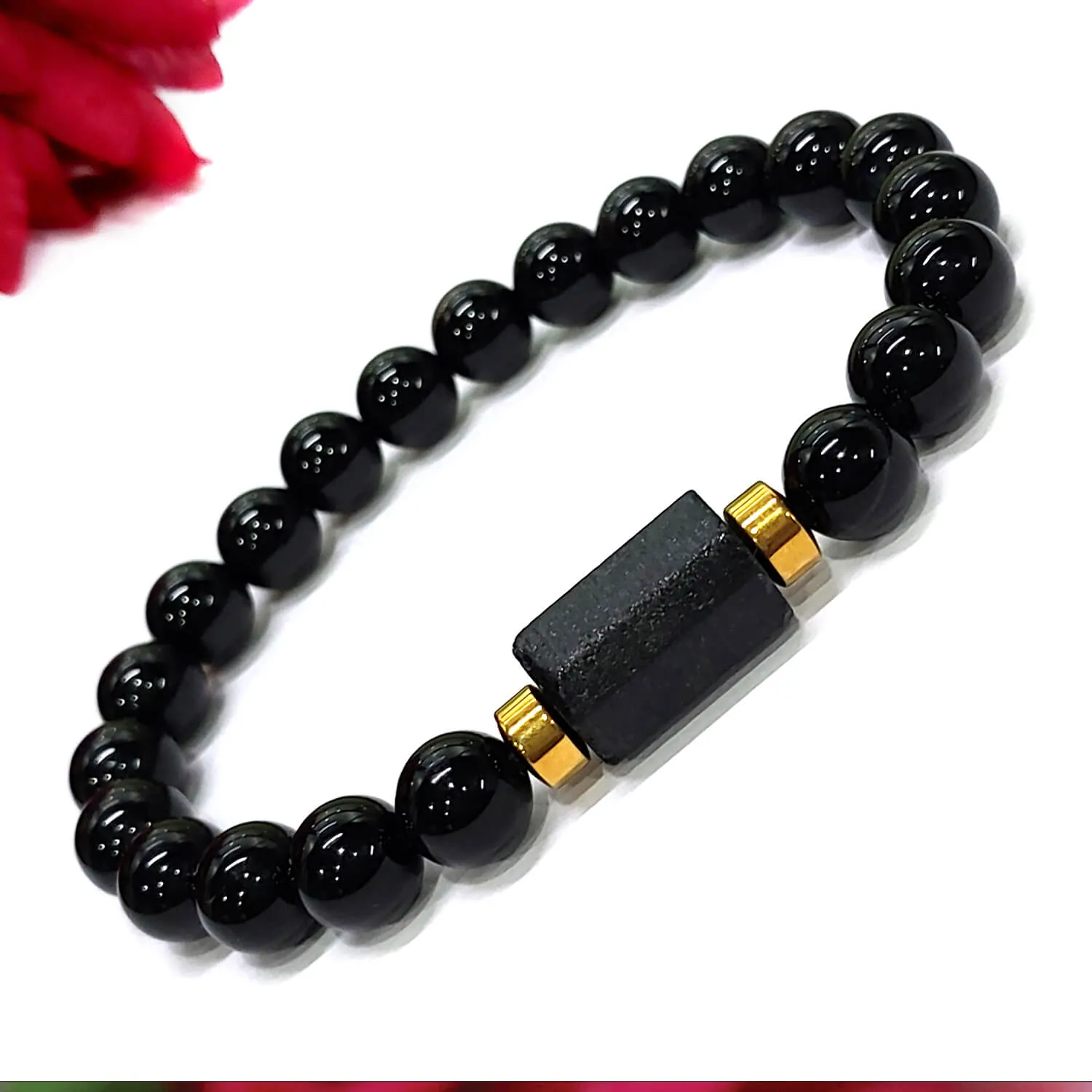 Black Tourmaline Matte Tumble Bracelet With Golden Hematite