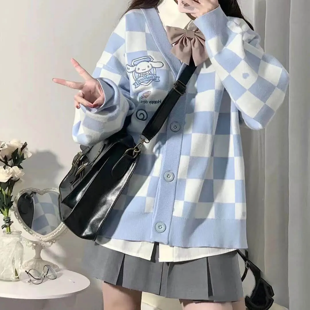 BLUE AND WHITE Chessboard sweater cardigan by6212