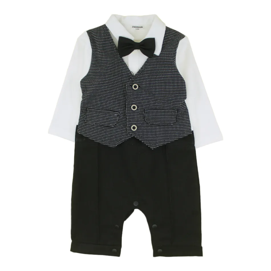 Bowtie Romper With Attached Waistcoat And Cap - Black Dots