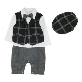 Bowtie Romper With Attached Waistcoat And Cap - Grey/Black Check