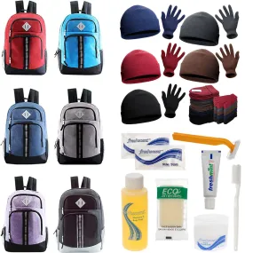 Bulk Case of 12 18" Backpacks and 12 Winter Item Sets and 12 Hygiene Kits - Wholesale Care Package - Emergencies, Homeless, Charity