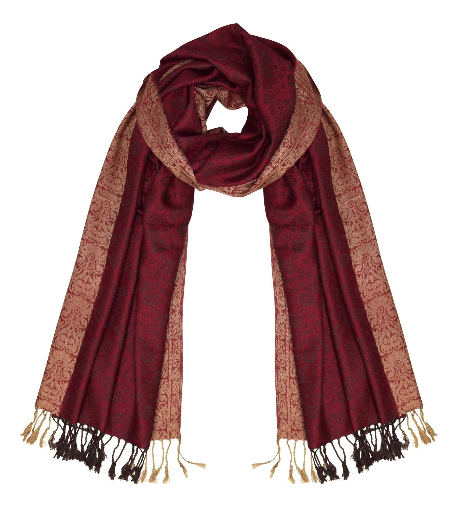 Burgundy Gold Peach Couture Elegant Floral Pattern Pashmina Wrap Shawl Scarf