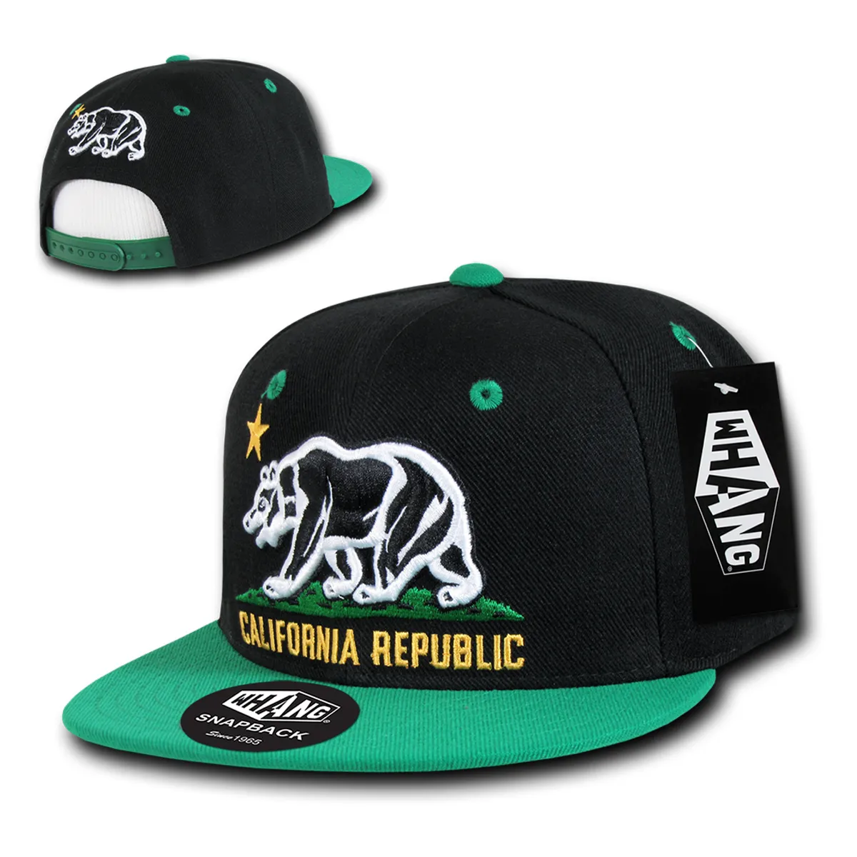 California Republic Cali State Bear Flag Snapback Hat by Whang Black Kelly Green