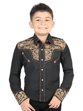 Camisa Vaquera Bordada Manga Larga Negro/Oro para Niños 'El General' - ID: 44346