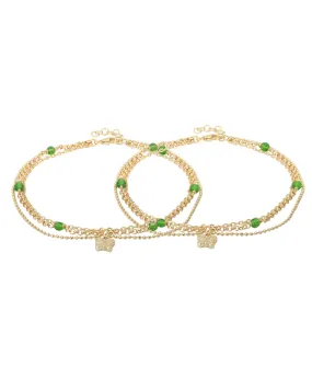 Carlton London -Set Of 2 Gold-Plated Green Beaded Butterfly Shape Layered Anklets For Women