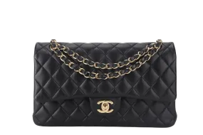 CHANEL CLASSIC FLAP MEDIUM BLACK LAMBSKIN GOLD HARDWARE WITH CARD (3040xxxx) WITH DUST COVER  AND BOX