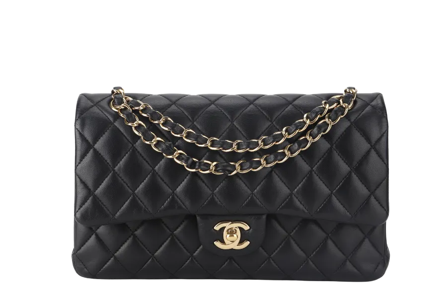 CHANEL CLASSIC FLAP MEDIUM BLACK LAMBSKIN GOLD HARDWARE WITH CARD (3040xxxx) WITH DUST COVER  AND BOX