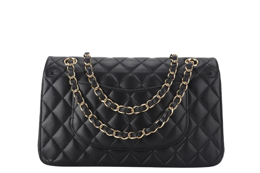 CHANEL CLASSIC FLAP MEDIUM BLACK LAMBSKIN GOLD HARDWARE WITH CARD (3040xxxx) WITH DUST COVER  AND BOX