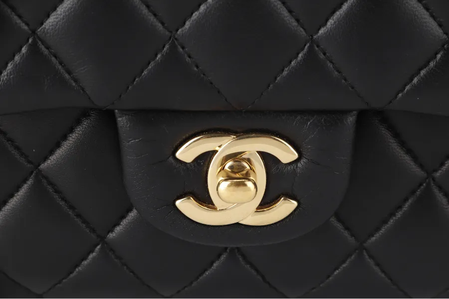 CHANEL CLASSIC FLAP MEDIUM BLACK LAMBSKIN GOLD HARDWARE WITH CARD (3040xxxx) WITH DUST COVER  AND BOX