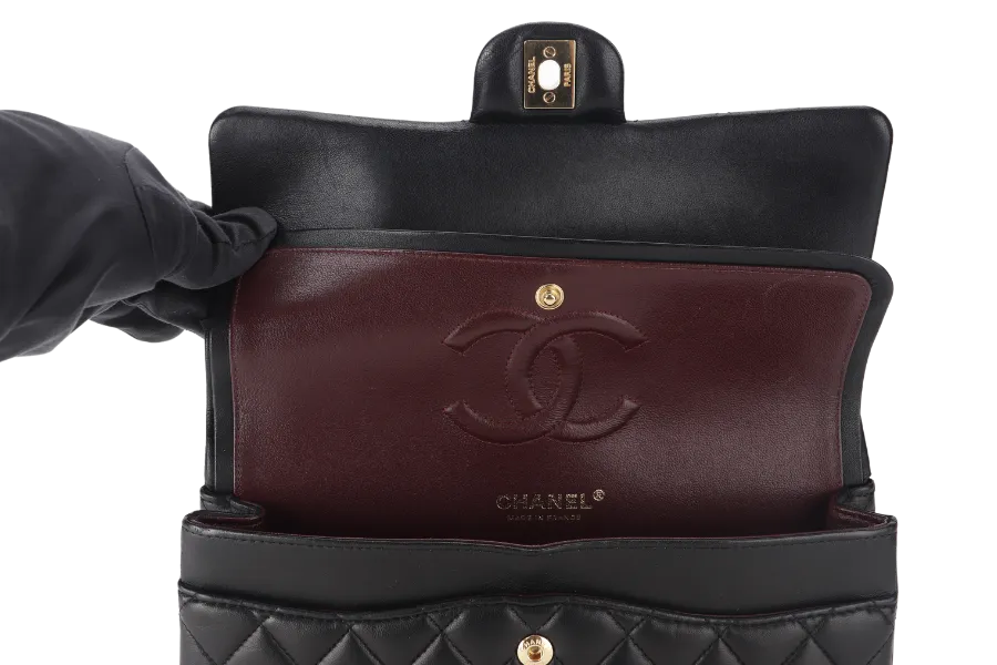 CHANEL CLASSIC FLAP MEDIUM BLACK LAMBSKIN GOLD HARDWARE WITH CARD (3040xxxx) WITH DUST COVER  AND BOX