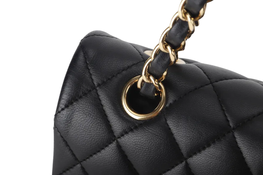 CHANEL CLASSIC FLAP MEDIUM BLACK LAMBSKIN GOLD HARDWARE WITH CARD (3040xxxx) WITH DUST COVER  AND BOX