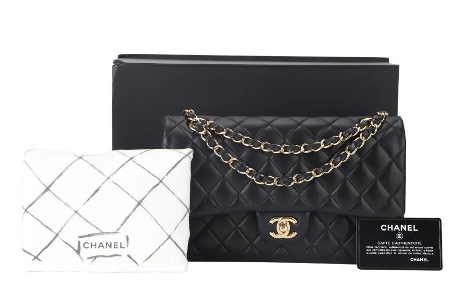 CHANEL CLASSIC FLAP MEDIUM BLACK LAMBSKIN GOLD HARDWARE WITH CARD (3040xxxx) WITH DUST COVER  AND BOX