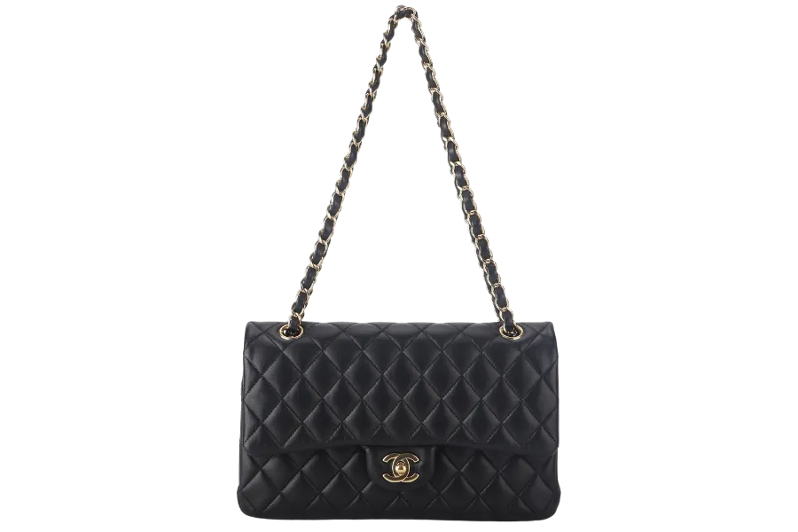 CHANEL CLASSIC FLAP MEDIUM BLACK LAMBSKIN GOLD HARDWARE WITH CARD (3040xxxx) WITH DUST COVER  AND BOX