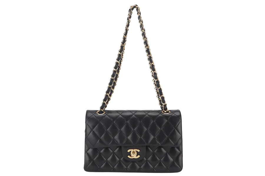 CHANEL CLASSIC FLAP SMALL BLACK LAMBSKIN & GOLD HARDWARE WITH CARD (1547xxxx) WITH DUST COVER AND BOX