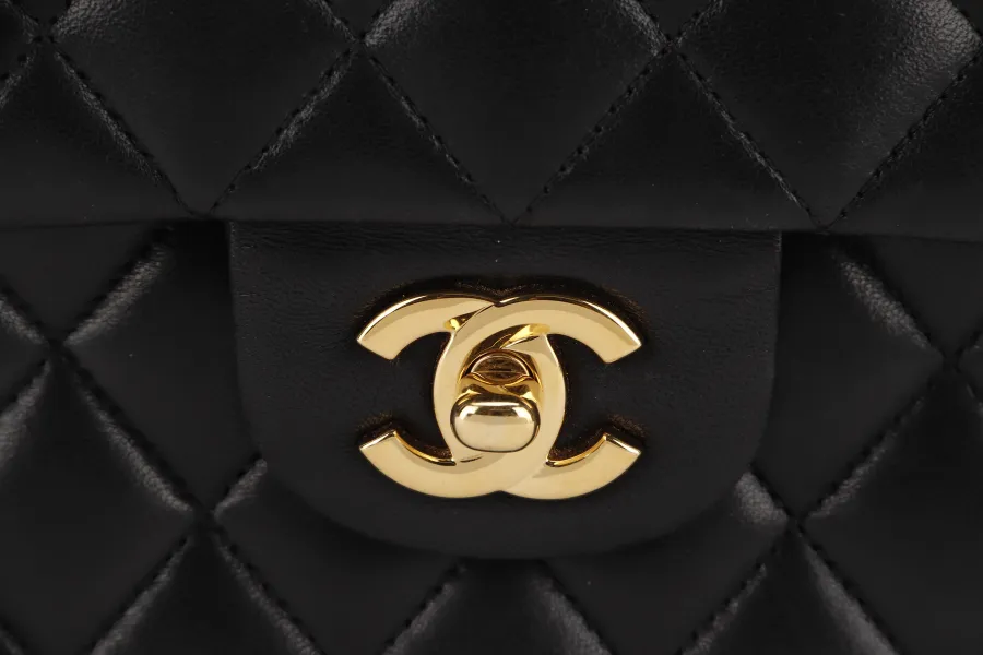 CHANEL CLASSIC FLAP SMALL BLACK LAMBSKIN & GOLD HARDWARE WITH CARD (1547xxxx) WITH DUST COVER AND BOX