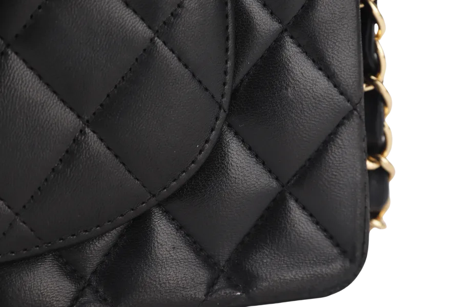 CHANEL CLASSIC FLAP SMALL BLACK LAMBSKIN & GOLD HARDWARE WITH CARD (1547xxxx) WITH DUST COVER AND BOX