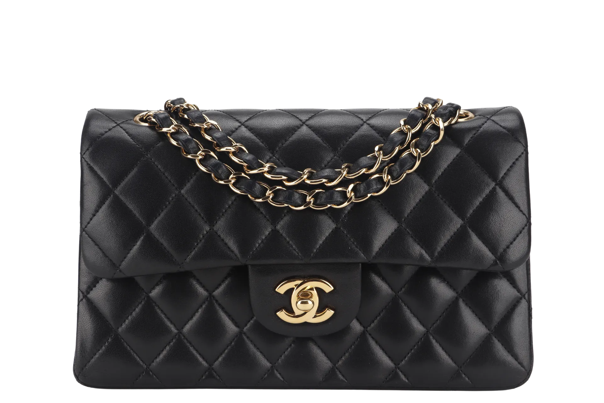 CHANEL CLASSIC FLAP SMALL BLACK LAMBSKIN & GOLD HARDWARE WITH CARD (1547xxxx) WITH DUST COVER AND BOX