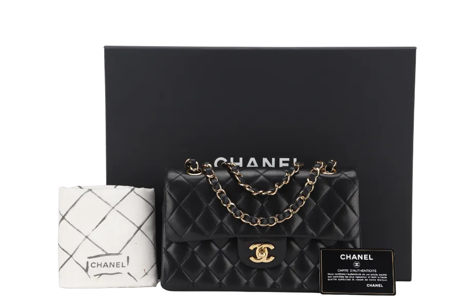 CHANEL CLASSIC FLAP SMALL BLACK LAMBSKIN & GOLD HARDWARE WITH CARD (1547xxxx) WITH DUST COVER AND BOX