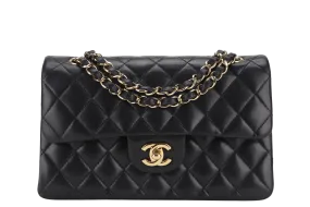 CHANEL CLASSIC FLAP SMALL BLACK LAMBSKIN & GOLD HARDWARE WITH CARD (1547xxxx) WITH DUST COVER AND BOX